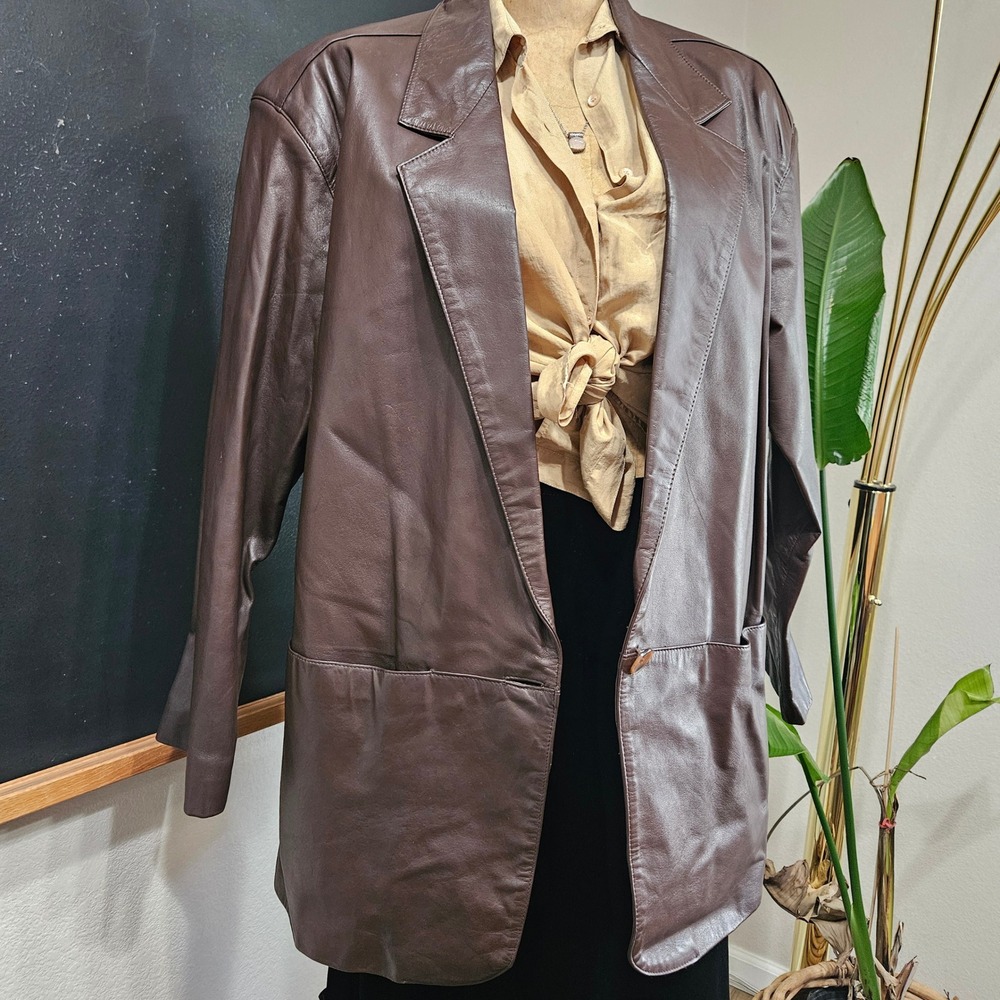 Vintage 90s Tibor Chocolate Brown Leather Blazer Oversized Longline Jacket